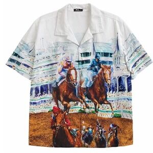 ICE Horse Racing Graphic Print Button Down Shirt Mens XL White Short Sleeve Camp